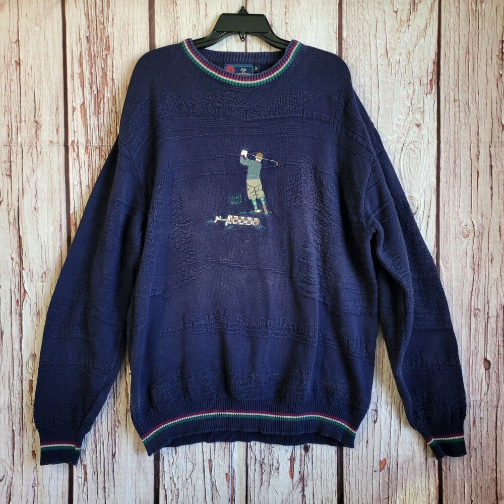 Vintage Golf Sweater 90s USA Pebble Beach Textured Knit Isle Of Cotton Trees XLT